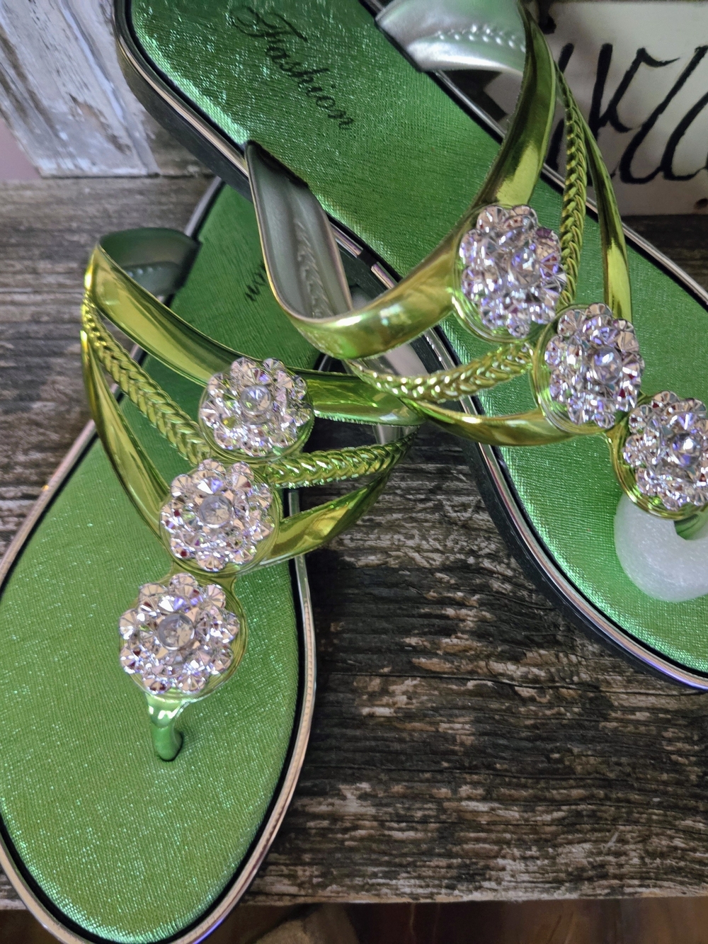 Women's Green Jeweled Thong Sandals